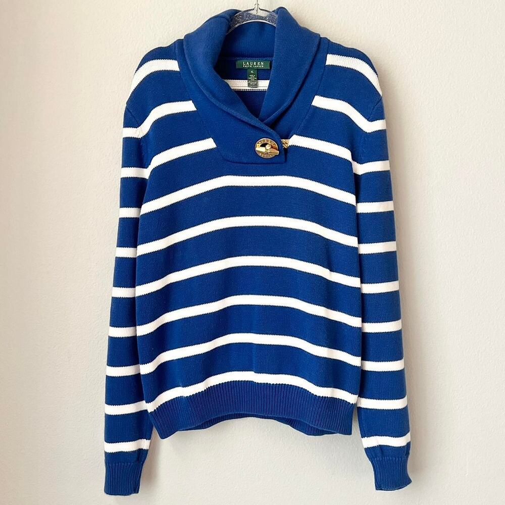 Lauren Ralph Lauren Nautical Stripe Shawl Collar Sweater XL Coastal Preppy
